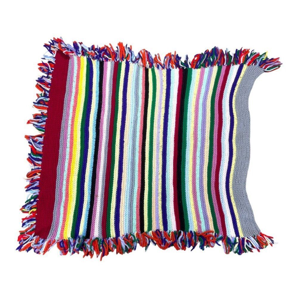 Rainbow Lap Handwoven Striped Throw Blanket Fringe 31"x26" Chair Boho Retro